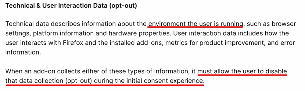 Firefox Add-On Policies: Technical and user interaction data opt-out section