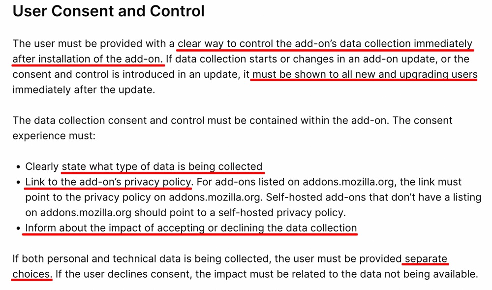 Firefox Add-On Policies: User consent and control section