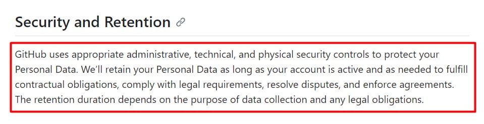 GitHub General Privacy Statement: Security and Retention clause