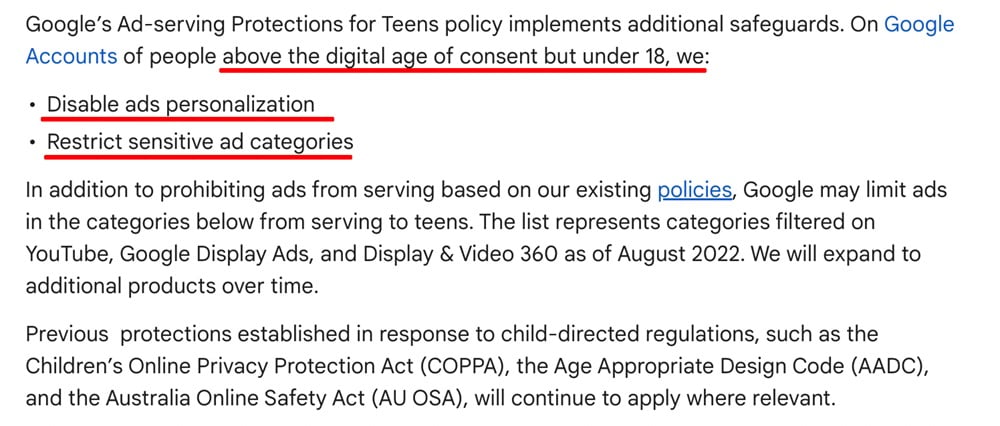 Google Ad Serving Protections for Teens excerpt