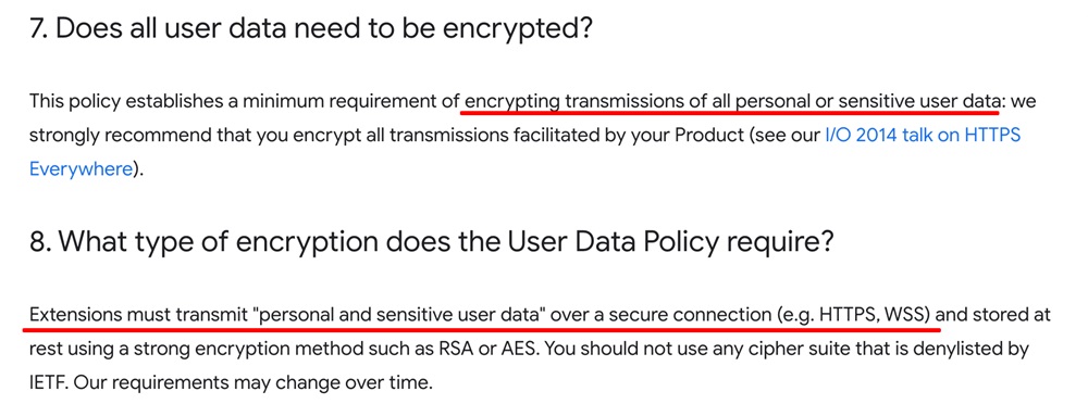 Google Chrome Store Program Policies: Encryption section