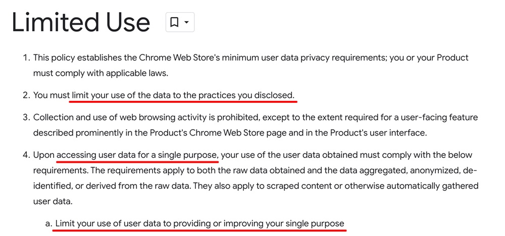 Google Chrome Store Program Policies: Limited Use section