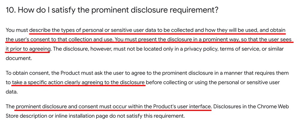 Google Chrome Store Program Policies: How to satisfy prominent disclosure section