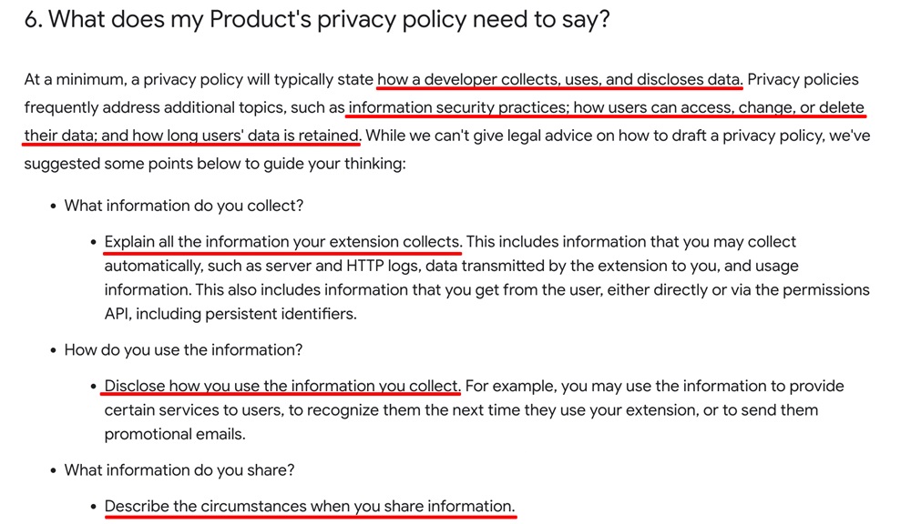 Google Chrome Store Program Policies: What does my Privacy Policy need to say section