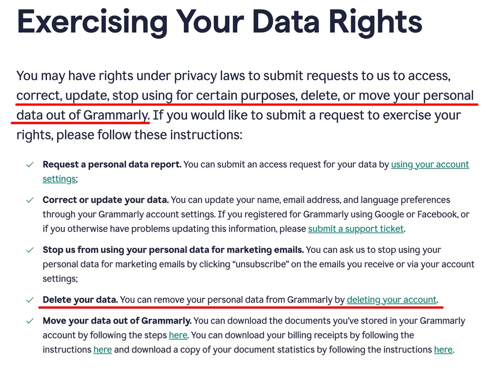 Grammarly Privacy Policy: Exercising data rights clause