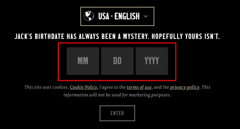 Jack Daniels birthdate verification page
