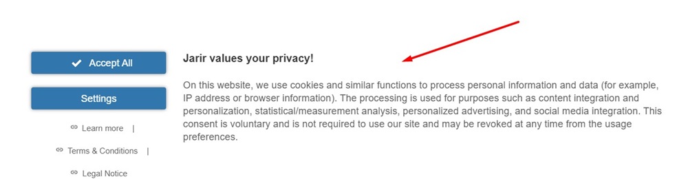 Jarir cookie consent notice