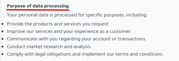 Jarir Privacy Policy: Purpose of data processing clause