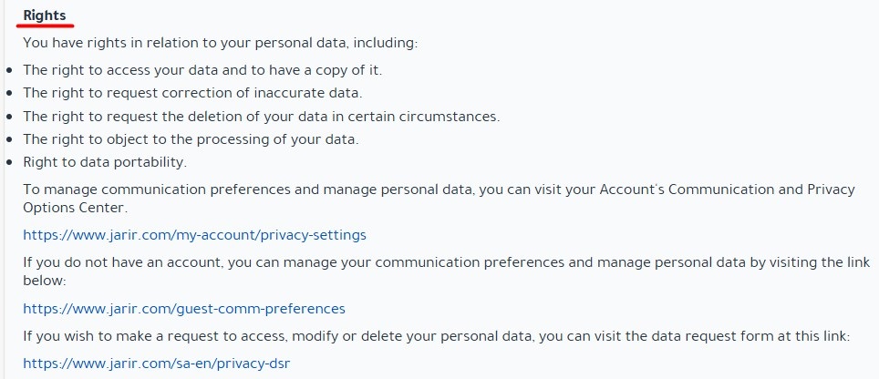 Jarir Privacy Policy: Rights clause