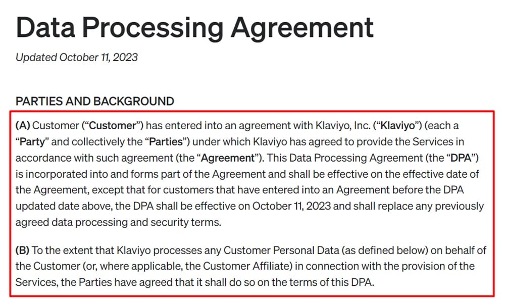 Klaviyo Data Processing Agreement: Intro section