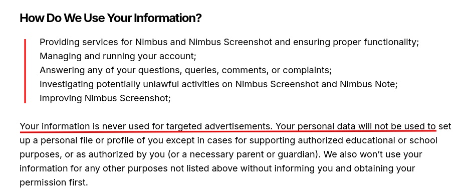 Nimbus Screenshot Privacy Policy: How we use Information clause