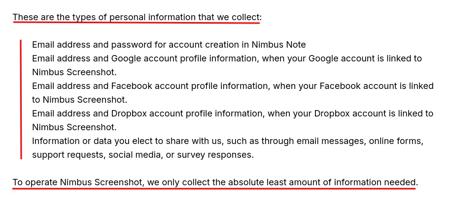 Nimbus Screenshot Privacy Policy: Types of Personal Information Collected clause