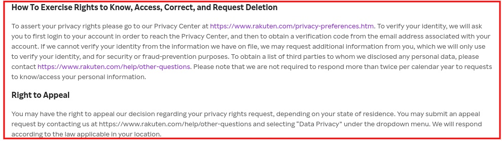 Rakuten Privacy Policy: How to exercise rights clause