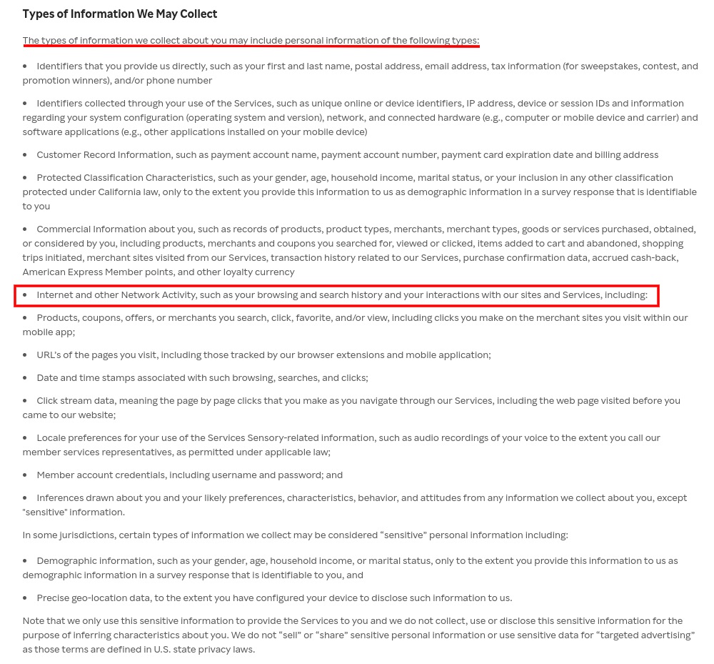 Rakuten Privacy Policy: Types of information collected clause