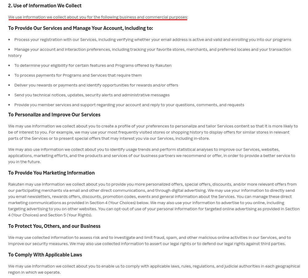 Rakuten Privacy Policy: Use of information collected clause