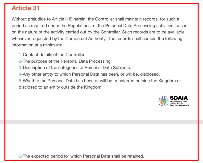 Saudi Arabia PDPL: Article 31