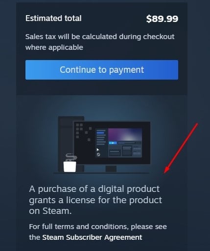 Steam checkout page with license grant notice section highlighted