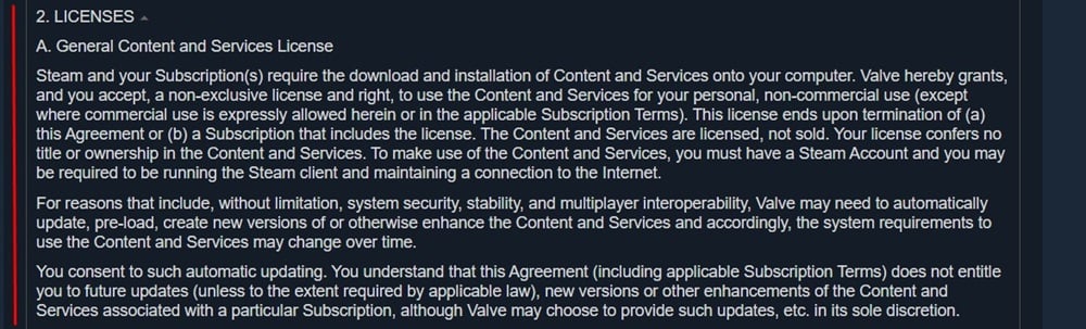 Steam Subscriber Agreement: Licenses clause