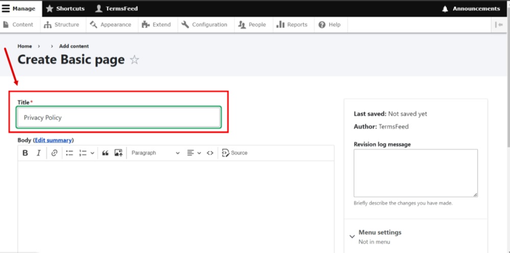 TermsFeed Drupal - Content - Add content - Basic page - Title Privacy Policy