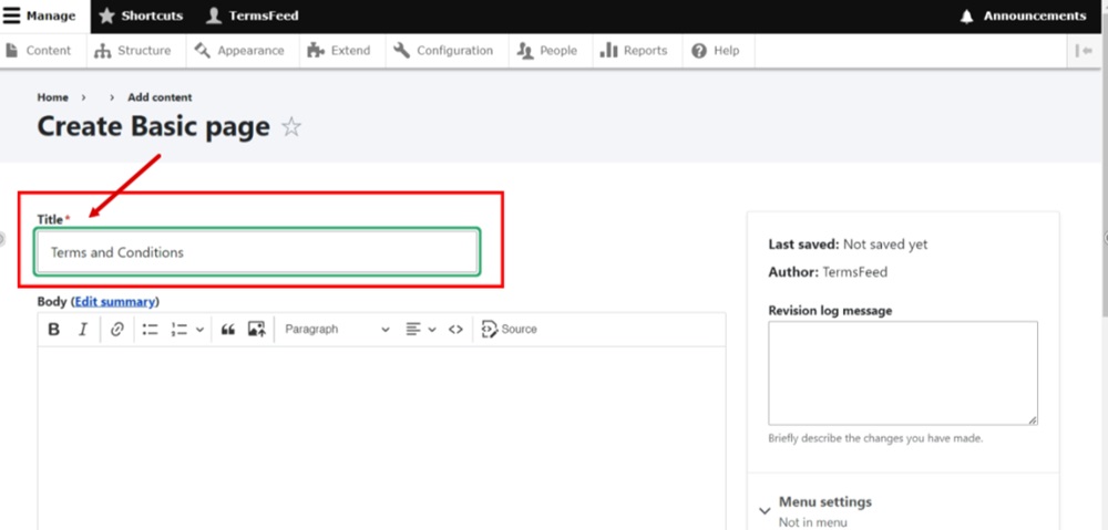TermsFeed Drupal - Content - Add content - Basic page - Title Terms and ConditionsTermsFeed Drupal - Content - Add content - Basic page - Title Terms and Conditions