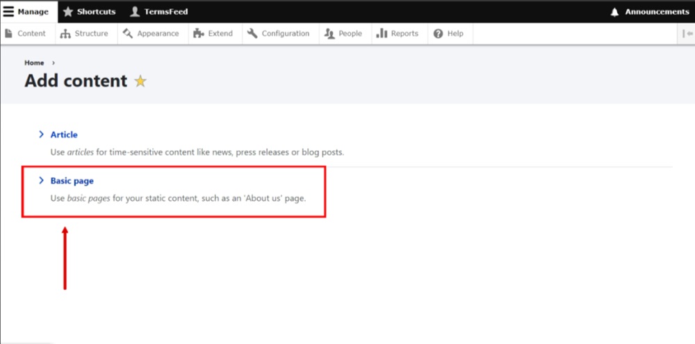 TermsFeed Drupal - Content - Add content - Basic page