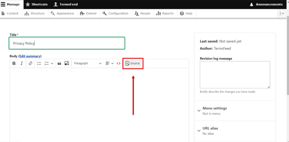 TermsFeed Drupal - Content - Basic page - Privacy Policy - Body editor - Source