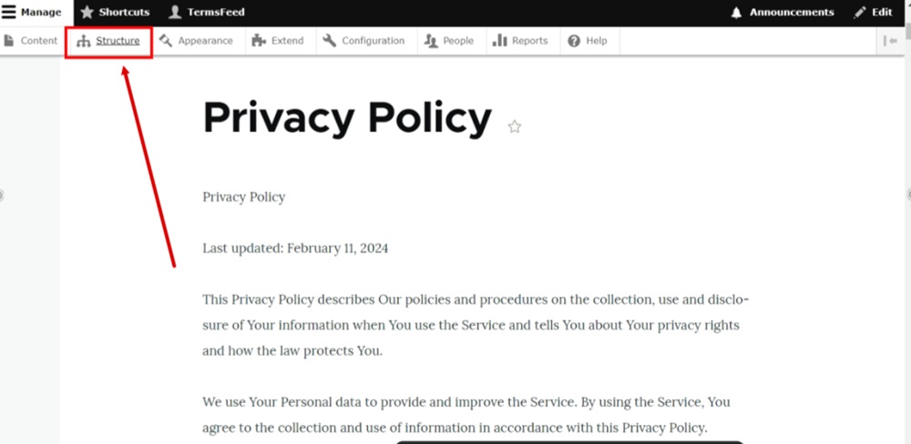 TermsFeed Drupal - Content - Basic page - Privacy Policy - Created  - Structure