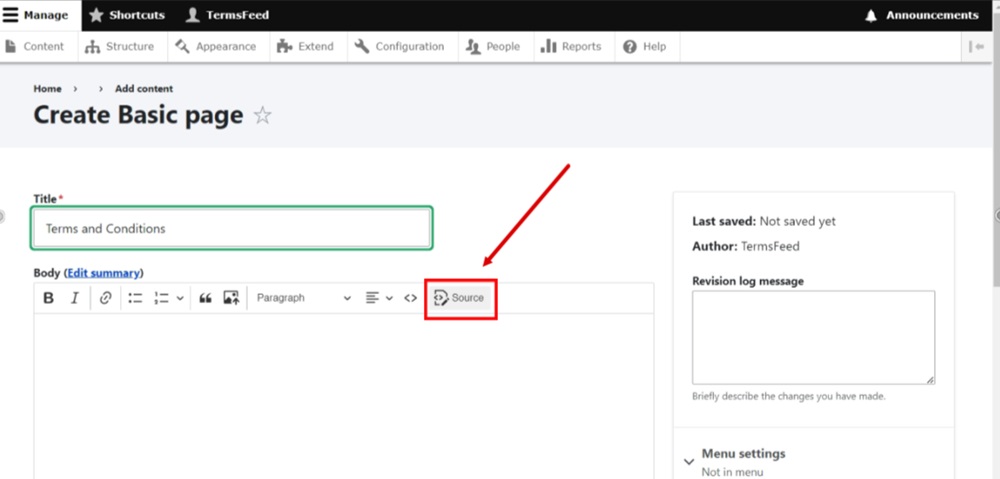TermsFeed Drupal - Content - Basic page - Terms and Conditions - Body editor - Source