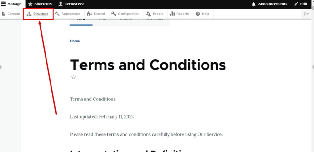 TermsFeed Drupal - Content - Basic page - Terms and Conditions - Created  - Structure