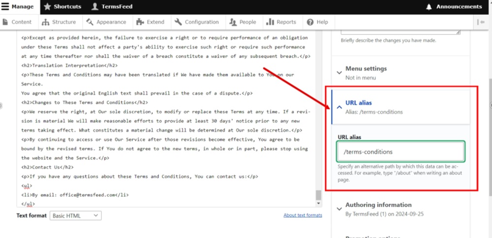 TermsFeed Drupal - Content - Basic page - Terms and Conditions - Body editor - Source - Pasted the HTML code - URL alias added