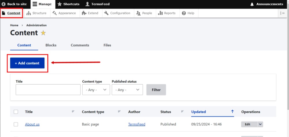 TermsFeed Drupal - Dashboard - Content - Add content