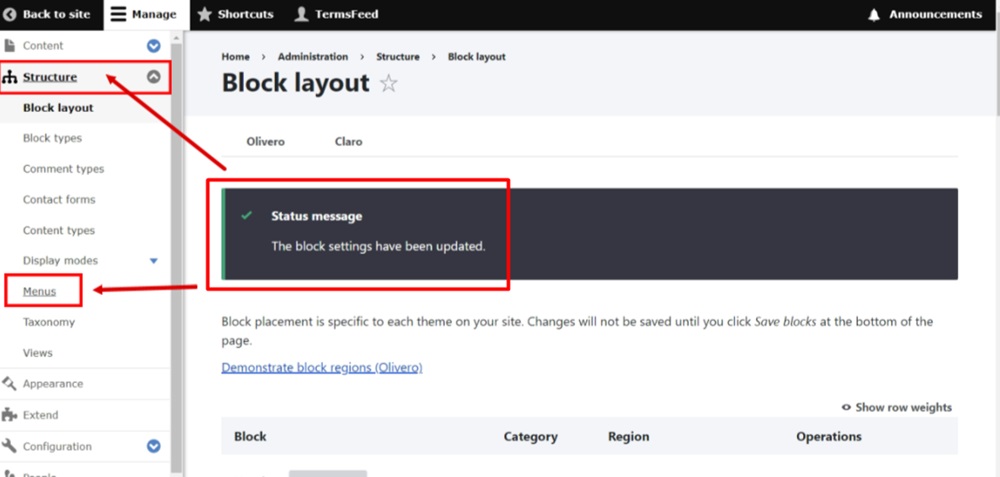 TermsFeed Drupal - Manage - Structure - Block settings have been updated - Structure - Menus