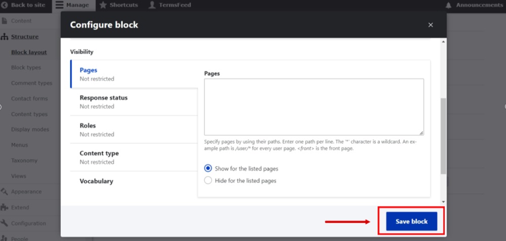 TermsFeed Drupal - Manage - Structure - Footer - Place block - Configure block - click Place block