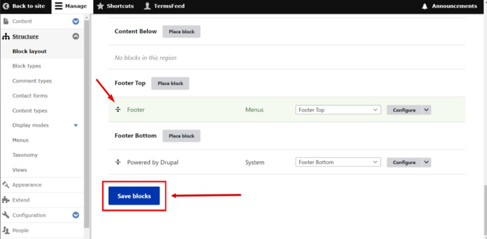 TermsFeed Drupal - Manage - Structure - Footer Top - Footer block added - Save blocks