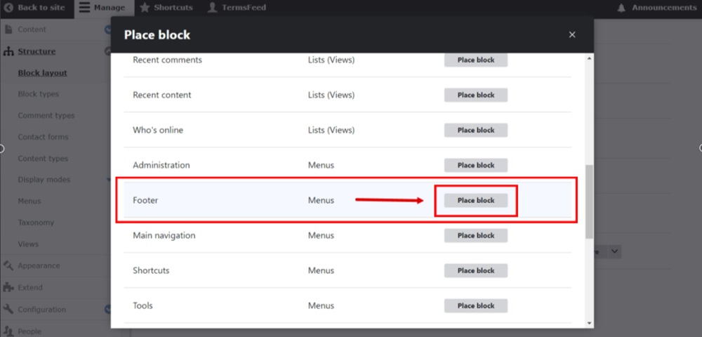 TermsFeed Drupal - Manage - Structure - Block layout - Footer Top - Place block button open window - Footer - Place block