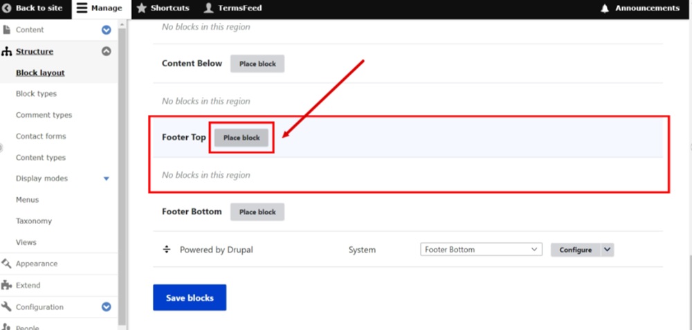 TermsFeed Drupal - Manage - Structure - Block layout - Footer Top - Place block button