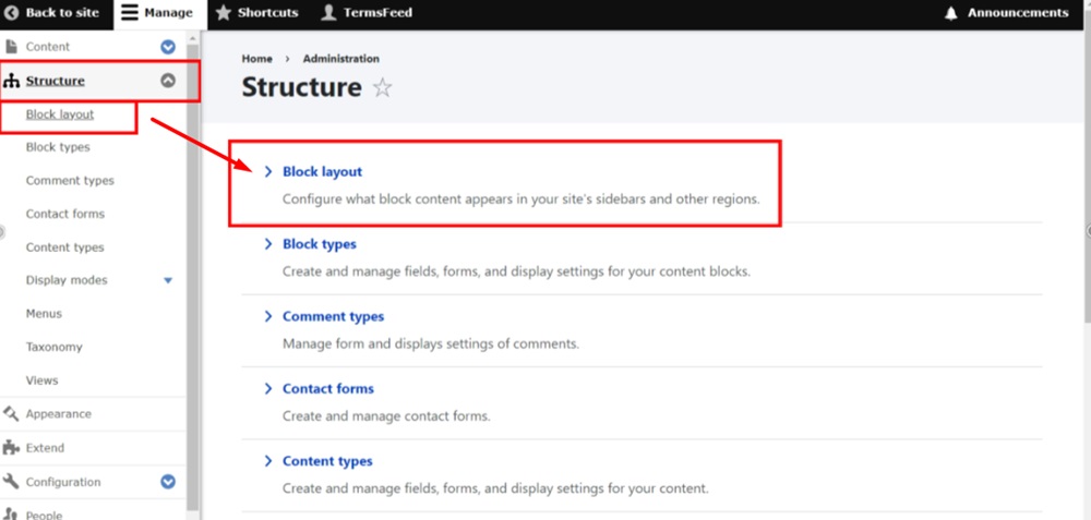TermsFeed Drupal - Manage - Structure - Block layout