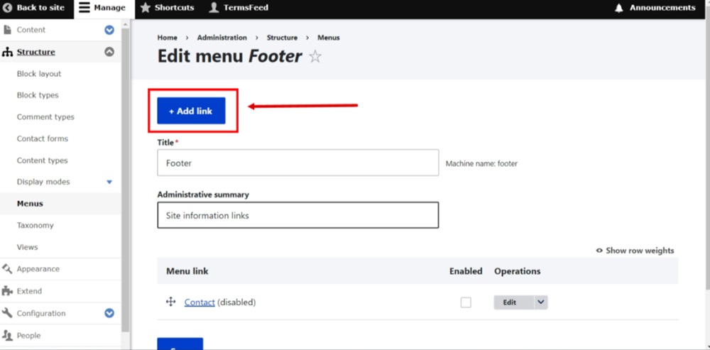 TermsFeed Drupal - Manage - Structure - Menus - Footer -  Edit menu - Add link