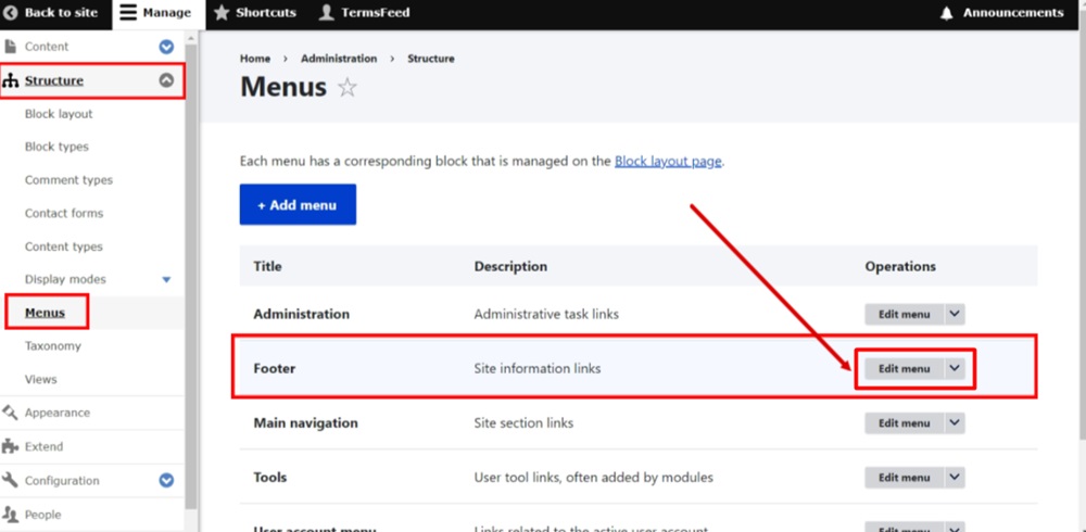 TermsFeed Drupal - Manage - Structure - Menus - Footer -  Edit menu