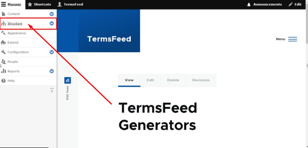 TermsFeed Drupal - Manage - Structure