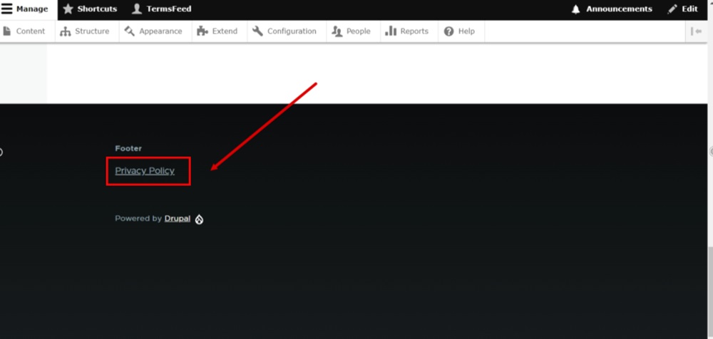 TermsFeed Drupal - Site preview with the Privacy Policy link displayed in the footer