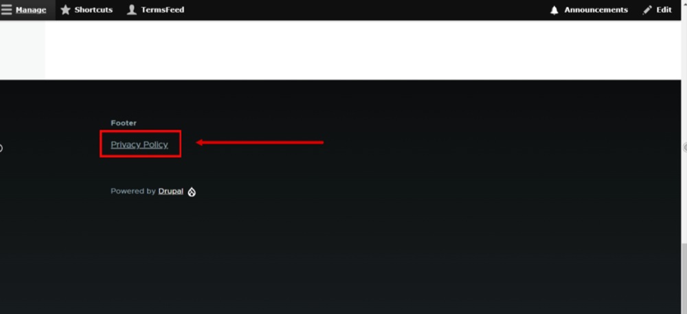 TermsFeed Drupal - Site preview with the Privacy Policy URL displayed in the footer