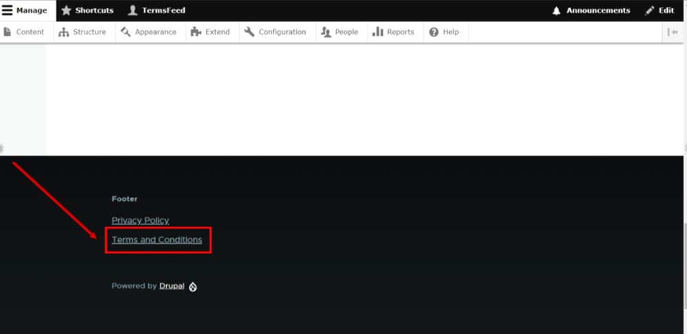 TermsFeed Drupal - Site preview with the Terms and Conditions link displayed in the footer