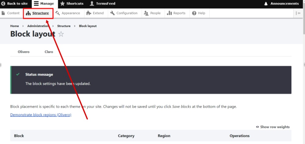 TermsFeed Drupal - Structure - Block settings have been updated - Structure