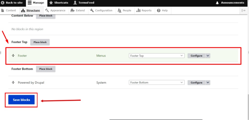 TermsFeed Drupal - Structure - Footer Top - Footer block added - Save blocks