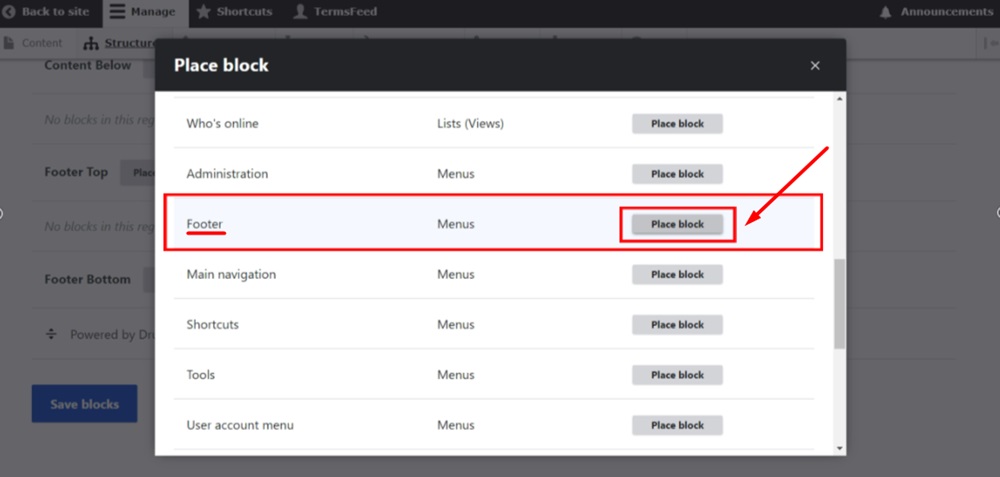 TermsFeed Drupal - Structure - Block layout - Footer Top - Place block button open window - Footer - Place block