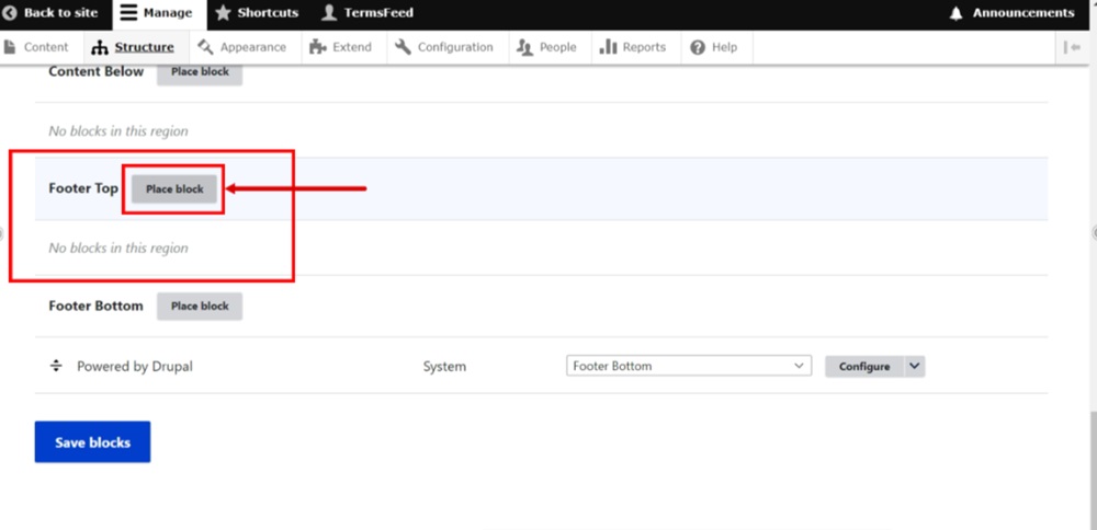 TermsFeed Drupal - Structure - Block layout - Footer Top - Place block button