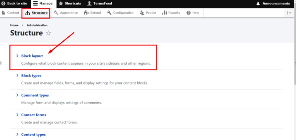 TermsFeed Drupal - Structure - Block layout