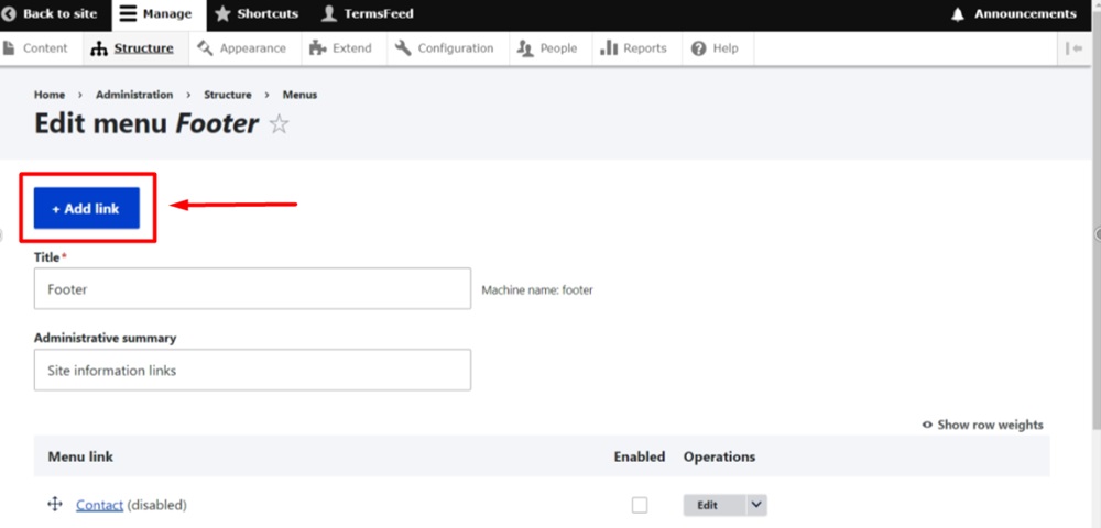 TermsFeed Drupal - Structure - Menus - Footer -  Edit menu - Add link