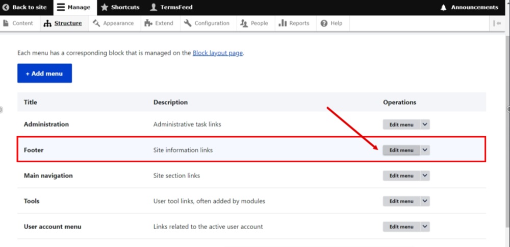 TermsFeed Drupal - Structure - Menus - Footer -  Edit menu